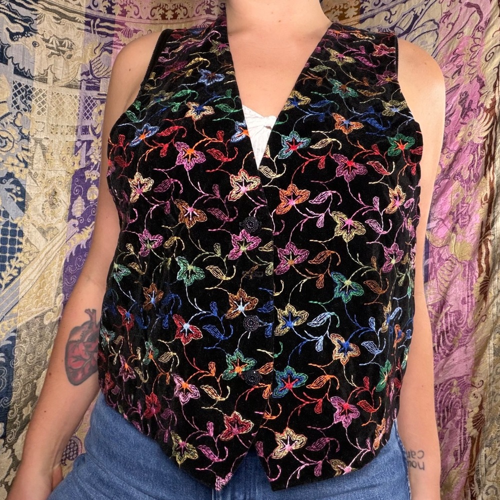 Vintage Whimsigoth Black Rainbow Embroidered Witchy Vest Women's Size L